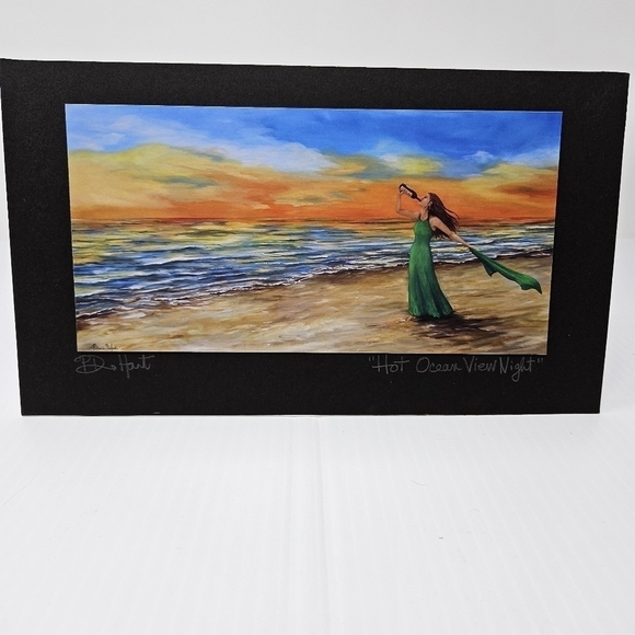 Beach Hot Ocean View Night Artwork Print Artist Signed Mounted Print Colorful - Picture 1 of 7